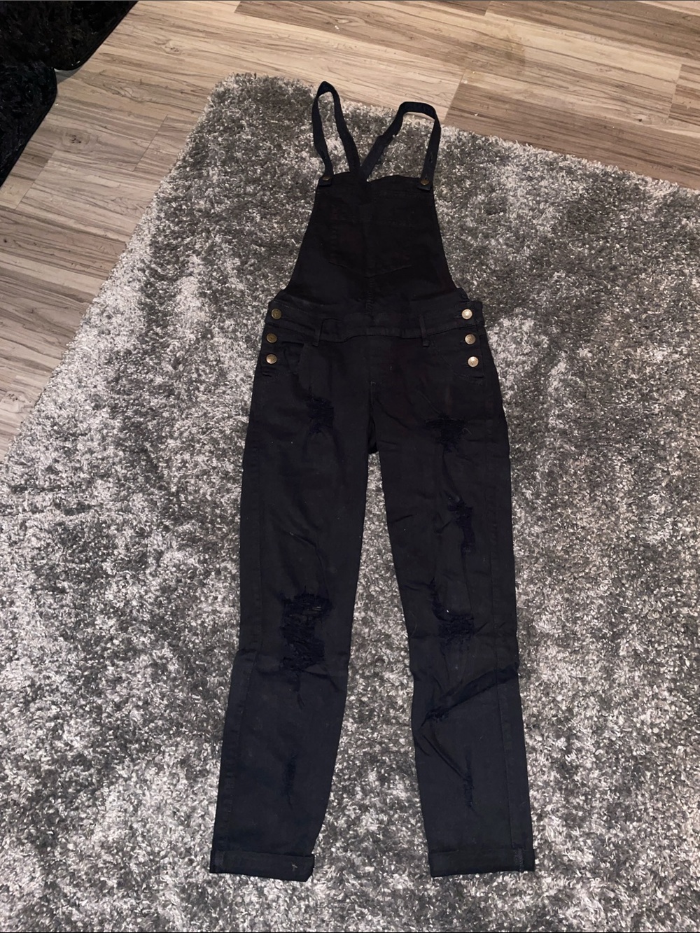 Guess Black Distressed Denim Overalls with Button Accents